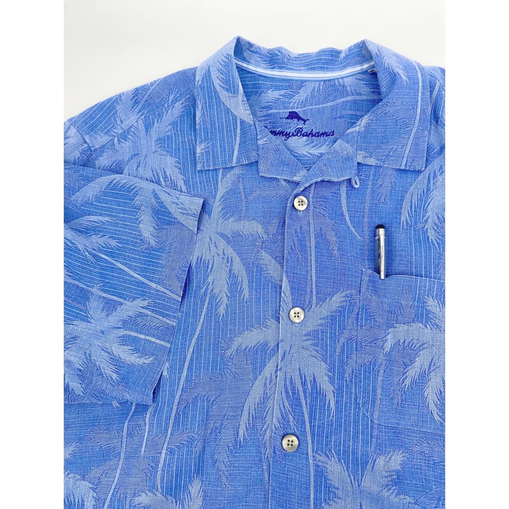 Tommy Bahama ‎ Blue Palm Tree Jacquard 100% Silk Button Down Camp Shirt Med